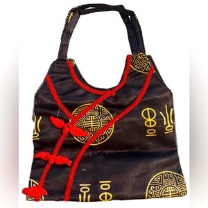 Black Satin 6x8” small flat bag with gold and red embroidery for Chinese NewYear